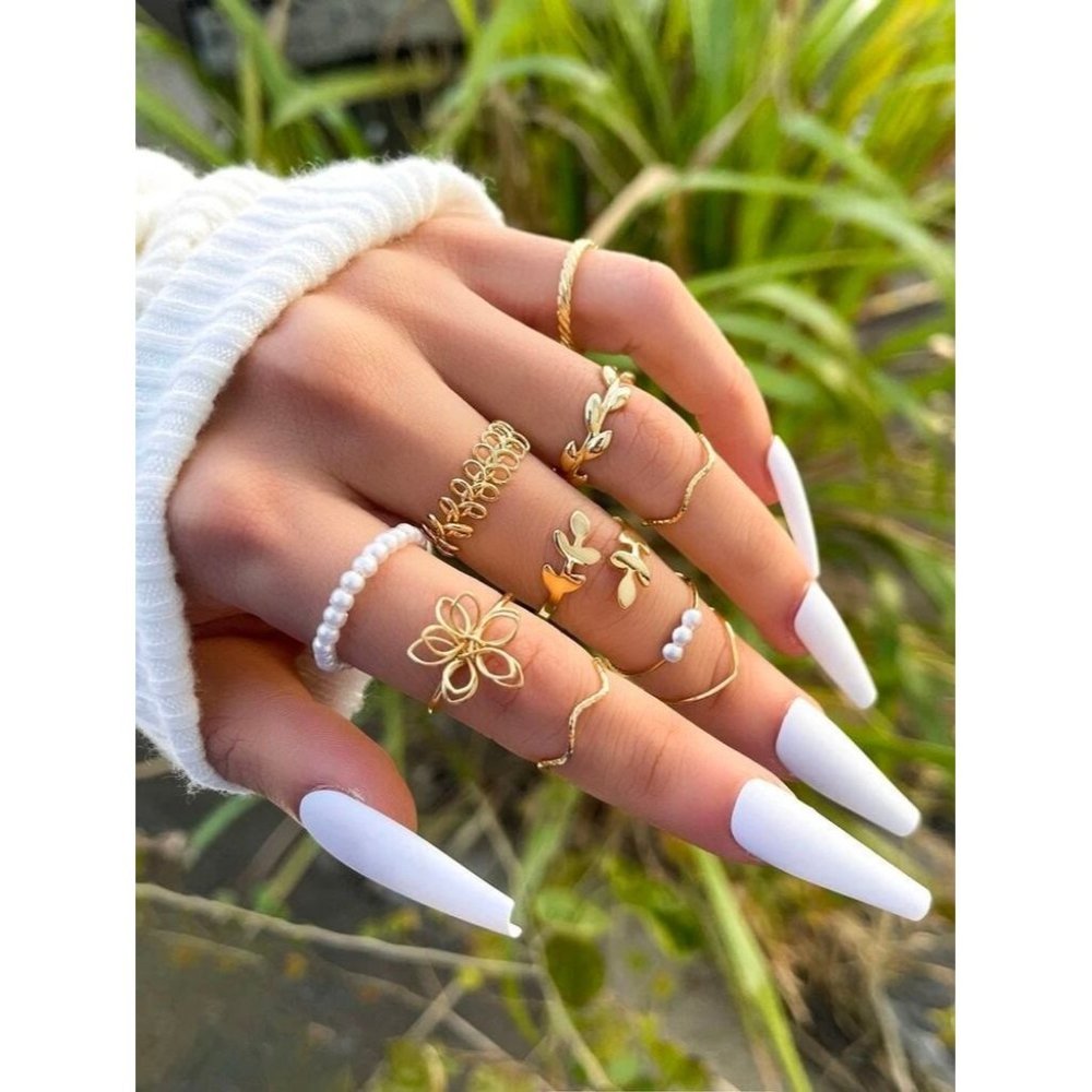 Gold and Pearl 10 Piece Ring Set